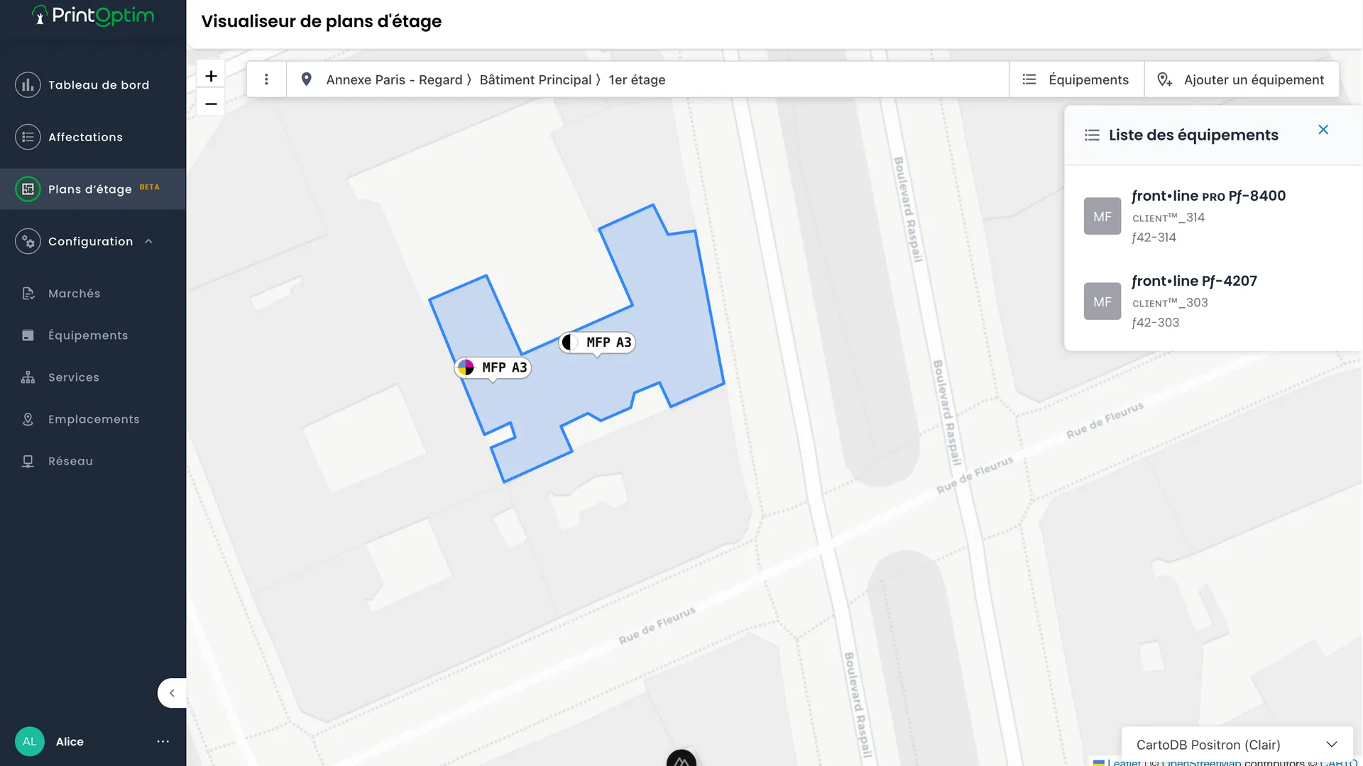 Tableau de bord PrintOptim affichant la cartographie interactive des imprimantes par étage avec indicateurs de coûts et volumes d’impression en temps réel